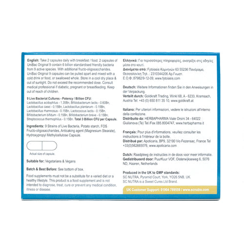 UniBac Live Bacteria Blend Original 9 Back of Box
