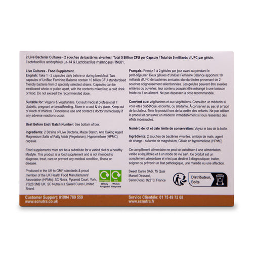 UniBac Feminine Balance back of box. Featuring, Directions, Suitable for, Nutritional information, & Sweet Cures Limited manufacturer