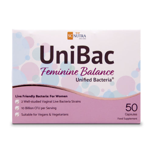 UniBac Feminine Balance live friendly bacteria for women. Front of box.