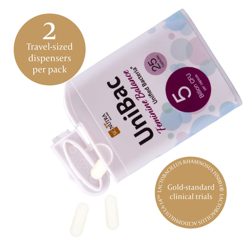 UniBac Feminine Balance Dispenser tipped releasing capsues. 2 Travel Sized Dispensers per pack.