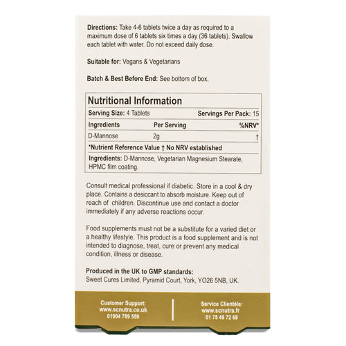 Waterfall D-Mannose Caplets trial sized pack containing 60 caplets / small easy swallow tablets. Box back with Directions, Suitable for and Nutritional Information.