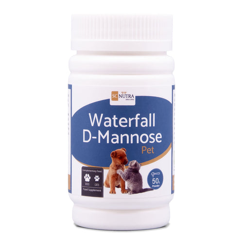 Front of tub for Waterfall D-Mannose Pet Powder. Suitable for Dogs & Cats. Manufactured by Sweet Cures Limited.